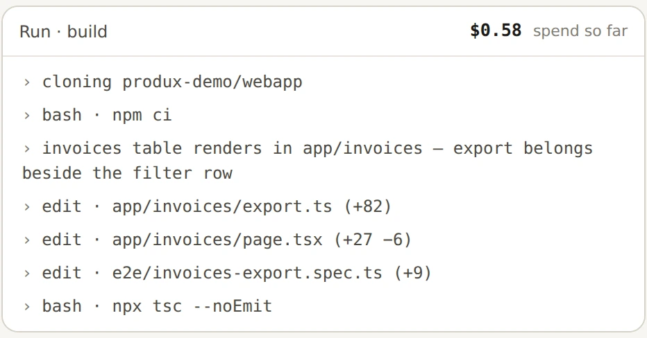 The same walkthrough's build run: repo cloned, files edited, typecheck running, with the cost ticking beside it